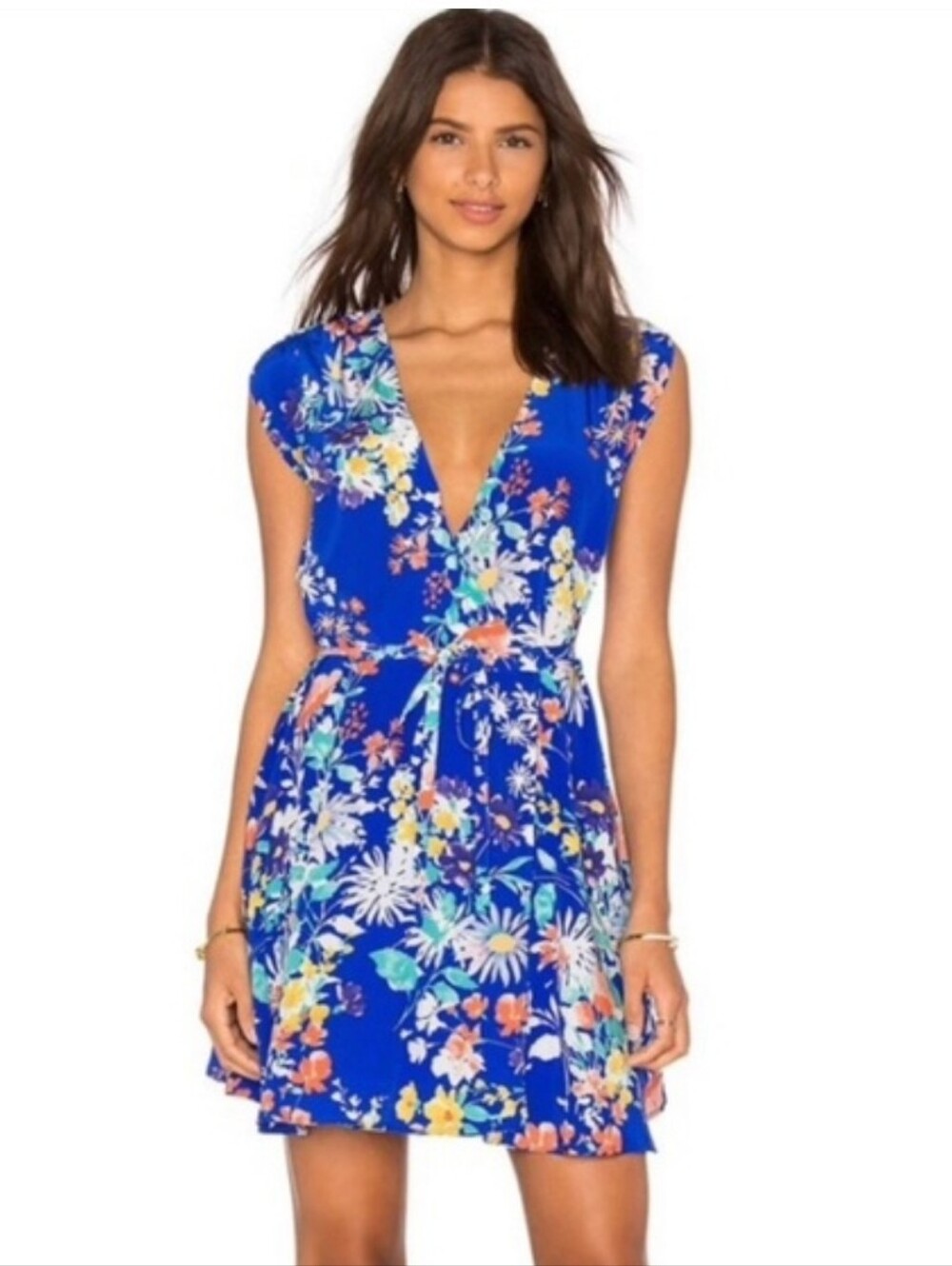 Yumi Kim Royal Blue Floral V-Neck Tie-Waist Dress